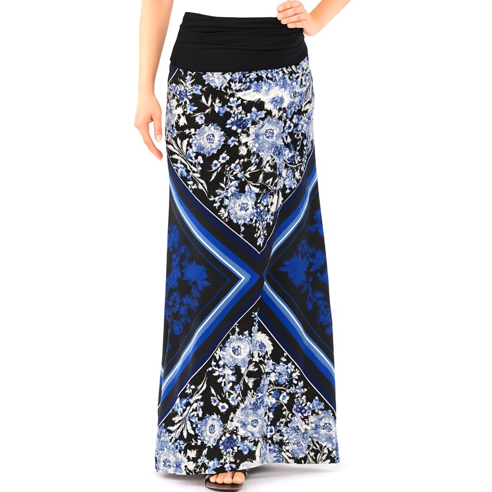 APT. 9 Blue Floral Geometric Maxi Skirt with Ruched Waistband – Boho Chic